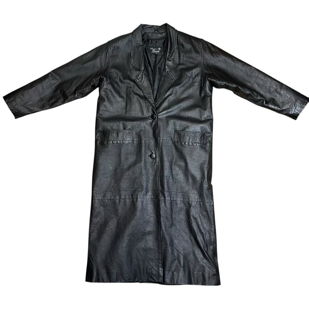 Marco Moroni Black Leather Trench Coat Long Button Front Vintage Unisex L
